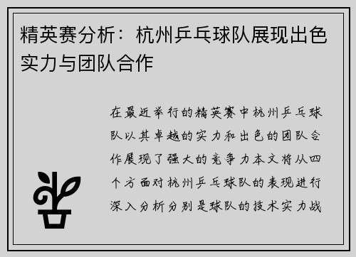 精英赛分析：杭州乒乓球队展现出色实力与团队合作
